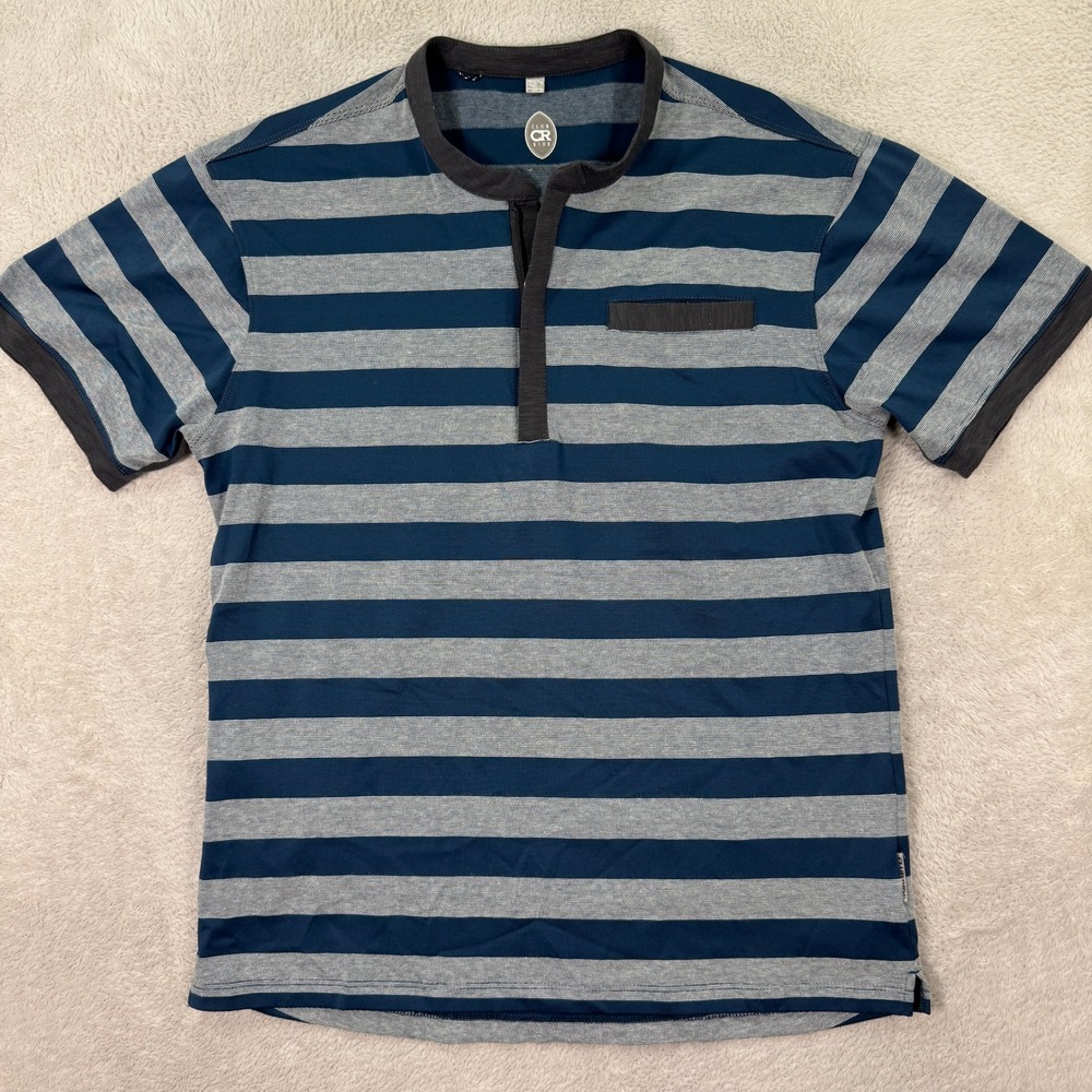 Club Ride Mens Medium Blue Gray Stripe Short Sleeve Henley Zipper Pocket T-Shirt